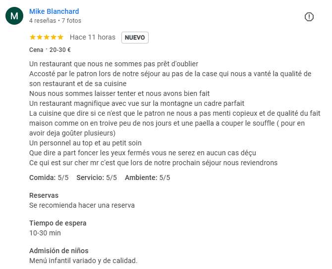 Mike Blanchard. Un restaurant que nous ne sommes pas près d'oublier. Accosté par le patron lors de notre séjour au pas de la case qui nous a vanté la qualité de son restaurant et de sa cuisine Nous nous sommes laissés tenter et nous avons bien fait. Un restaurant magnifique avec vue sur la montagne de Posta en France, un cadre parfait. La cuisine que dire si c'est seulement le patron ne nous a pas menti. Copieux et de qualité, du fait maison comme on en trouve peu de nos jours et une paella a couper le souffle (pour en avoir déjà goûté plusieurs) Un personnel au top et au petit soin.  Que dire à part foncer les yeux fermés, vous ne serez en aucun cas déçu ! Ce qui est sur cher Thierry, c'est que lors de notre prochain séjour au Pas de la Case, nous reviendrons. Comida: 5/5 Servicio: 5/5 Ambiente: 5/5. Reservas Merci infiniment Mike Blanchard pour votre magnifique avis ! 🙏 Nous sommes ravis que votre dîner chez El Carlit Steak House, ici au Pas de la Case, au pied des pistes de Grandvalira, ait été une expérience mémorable. C’est un honneur pour nous d’avoir su répondre à vos attentes, et nous vous remercions chaleureusement pour votre confiance. 🍽️ Situé dans une zone calme, notre restaurant vous accueille avec une vue panoramique sur la neige depuis, notre salon intérieur, dans un cadre confortable et chaleureux — idéal pour se détendre après une journée en montagne. Chez El Carlit, nous proposons : – Des plats du jour variés et généreux – Une vaste sélection de pizzas (Margarita, Romaine, Pepperoni, Végétarienne) et hamburgers gourmets.  Des tapas et entrées savoureuses, des planches de fromages et charcuteries – Des plats emblématiques comme le tournedos Rossini, la paella (que vous avez adorée !), la fideuà, la fondue, la raclette, la tartiflette…   Le magret de canard, le bœuf Angus, le T-bone, l’onglet, l’agneau au romarin, l’entrecôte lechal, ou encore la morue aux légumes grillés.  Et bien sûr, des desserts maison pour finir en douceur 🍰 🔥 Notre barbecue au feu de bois sublime toutes les viandes premium. 👨‍👩‍👧‍👦 Et comme vous l’avez souligné, nous aimons les enfants — avec un menu enfant varié et de qualité, et de petites attentions pour qu’ils se sentent bien chez nous. Encore merci Mike pour votre gentillesse et votre recommandation. Nous serons ravis de vous accueillir de nouveau lors de votre prochain séjour au Pas de la Case ! 🏔️🥩🍷 À très bientôt !
