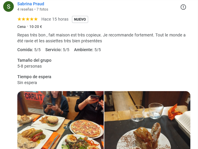 Bonjour Sabrina Praud, Un immense merci pour votre superbe avis et vos cinq étoiles ! 🌟 Toute l’équipe du Restaurant El Carlit Steak House, au pied des pistes de Grandvalira au Pas de la Case, est ravie de savoir que vous avez passé une excellente soirée parmi nous. Nous sommes heureux que vous ayez apprécié la générosité de nos plats faits maison, la présentation soignée des assiettes et l’ambiance chaleureuse de notre établissement. C’est un vrai plaisir de lire que tout le monde dans votre groupe a été ravi ! Parmi nos spécialités, vous retrouverez des tapas et entrées savoureuses, des fromages fondus, des pizzas artisanales, ainsi que des plats emblématiques comme le Tournedos Rossini, la paella, la fideuà, la fondue, la raclette, la tartiflette, ou encore nos viandes premium au barbecue telles que le bœuf Angus et l’onglet. Et bien sûr, tous nos desserts sont faits maison, pour finir sur une note sucrée et gourmande. Merci encore pour votre recommandation. Nous espérons vous revoir très bientôt pour une nouvelle expérience conviviale et gourmande à l’Era du Carlit ! Avec toute notre gratitude, L’équipe du Restaurant El Carlit Steak House 🏔️🍽️🔥